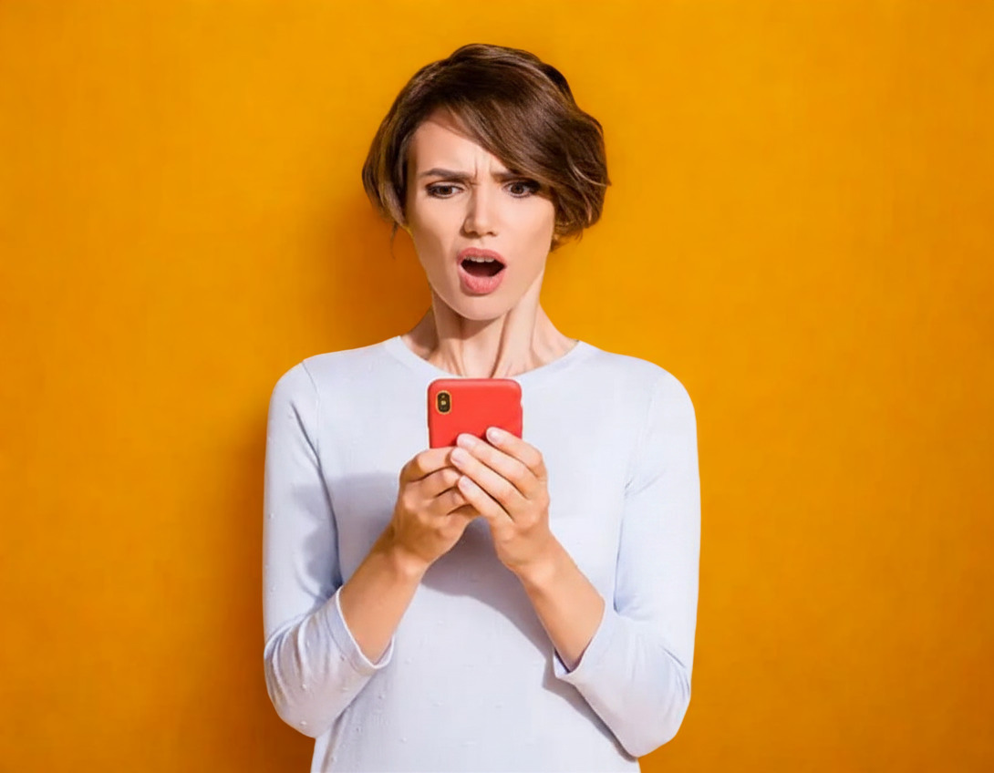 A woman shocked and put off by a low Google rating on her phone